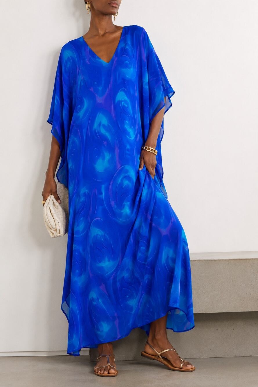 Simply Silk Womens One Size 100% silk Kaftan Dress Lapis Blue Coverup Resort